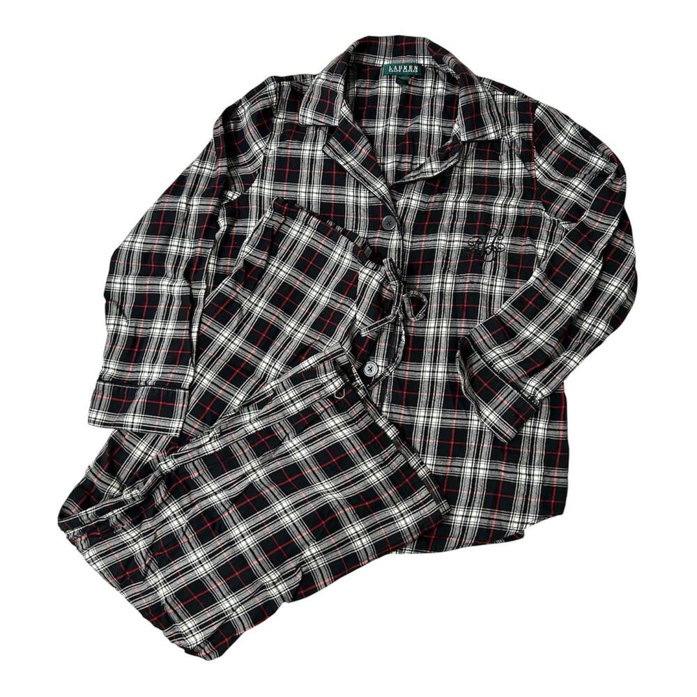Lauren Ralph Lauren Black Plaid Pajama Set Size Large Women Lightweight Flannel
